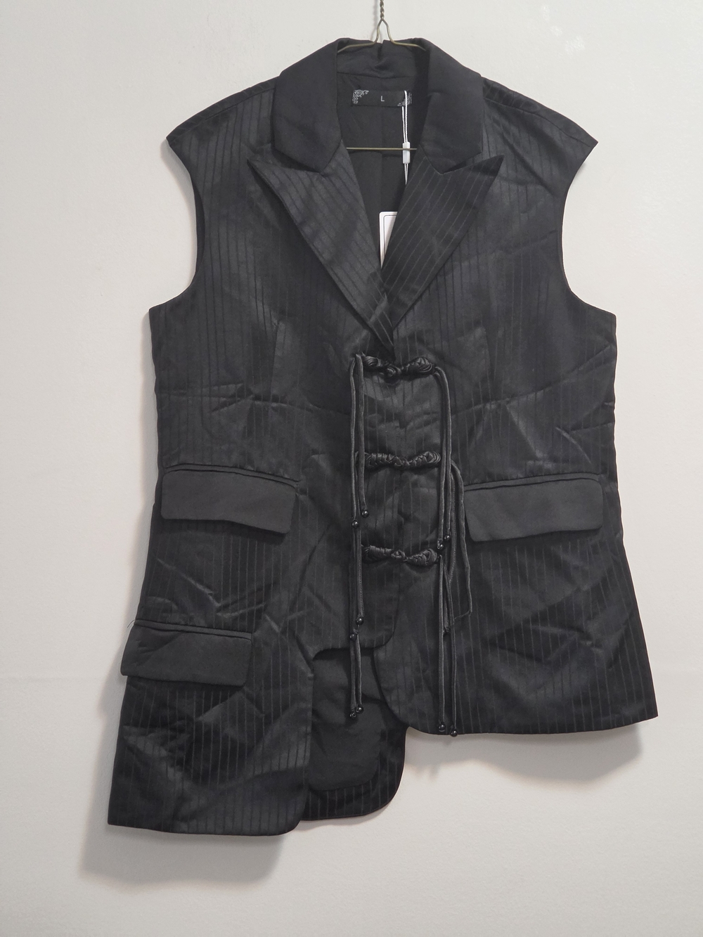 F.Y.N Sleeveless Black Pinstripe Tie-Front Vest
